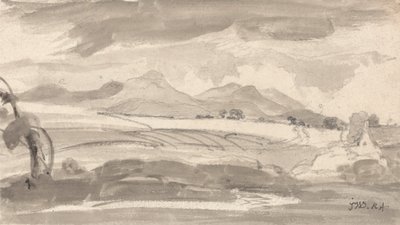 View Overlooking Fields to Distant Mountains, with a Cottage at Right by James Ward
